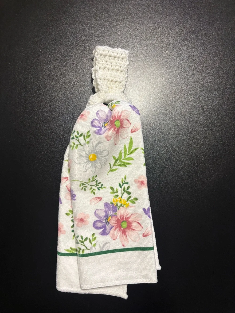 Floral Hanging Kitchen Towel with Crochet Loop - White/Pastel